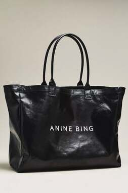 Anine Bing Leo Coated Canvas Tote Bag Black  NWT